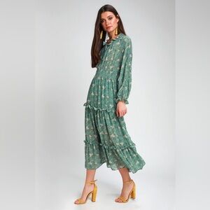 Lulu’s Delphine Sage Green Floral Print Long Sleeve Midi Dress
